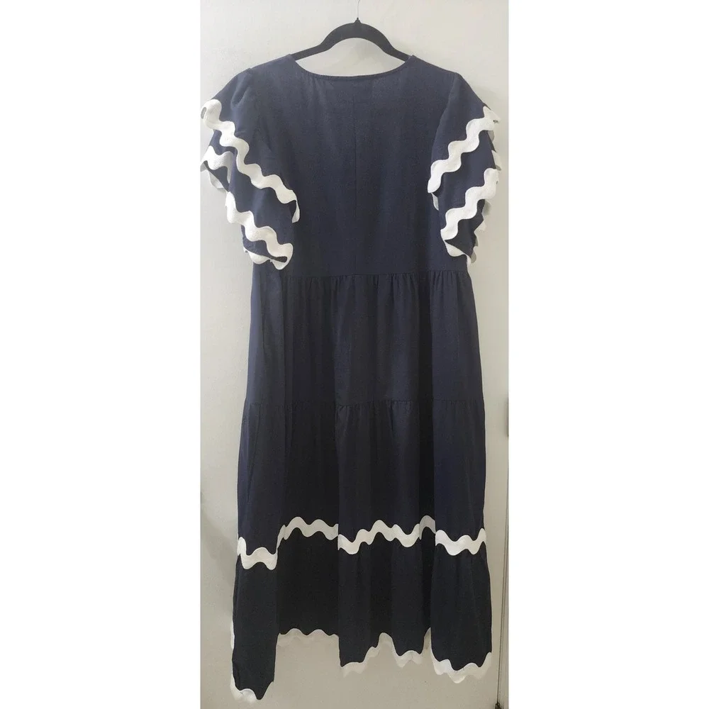 White Closet Elements Navy Blue Ric Rac Tiered Cotton Midi Dress XL
